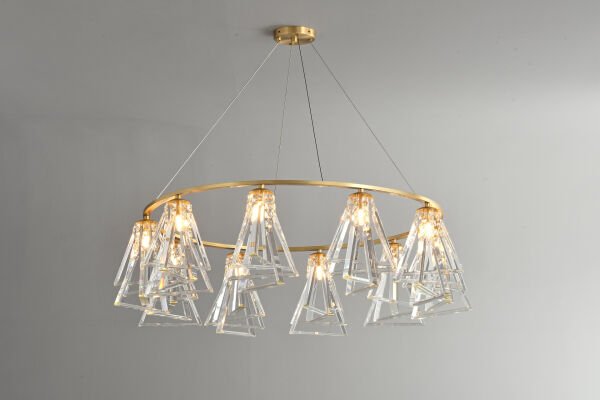 Altın Halka Geometrik Kristal Avize – Modern Lüks Cam Sarkıt Aydınlatma