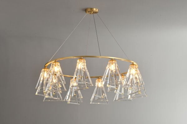 Altın Halka Geometrik Kristal Avize – Modern Lüks Cam Sarkıt Aydınlatma