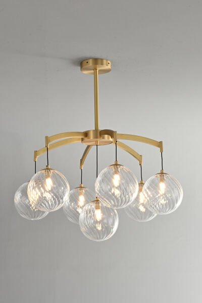 Altın Renk 7’lı Cam Küre Avize – Modern ve Lüks Sarkıt Avize