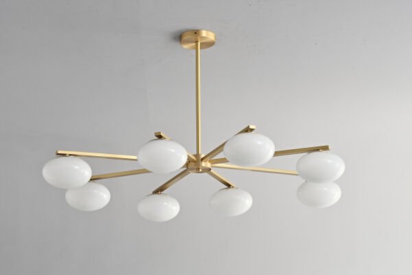 Altın Gövde Opal Cam Küre Avize – Modern 8 Kollu Sarkıt Avize