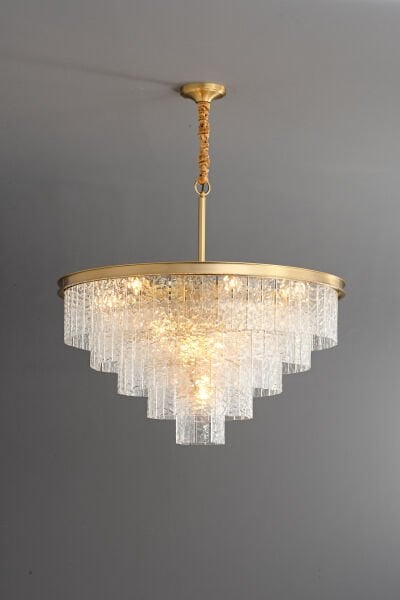 60cm Çapında Gold Kristal Cam Avize – Çok Katmanlı Lüks Salon Avizesi