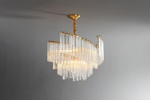 Gold Cam Çubuk Avize | Çok Katmanlı Lüks Modern Salon Avizesi