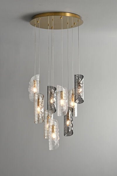 Gold Çoklu Cam Sarkıt Avize | Dokulu & Füme Camlı Lüks Modern Aydınlatma