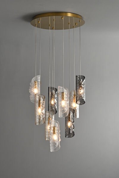 Gold Çoklu Cam Sarkıt Avize | Dokulu & Füme Camlı Lüks Modern Aydınlatma
